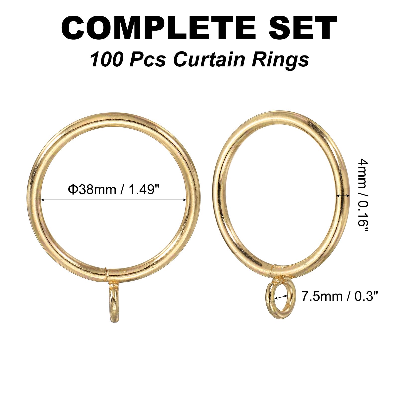 DTGN Anneaux de rideau avec œillet 38 mm de diamètre intérieur, doré | Lot de 100 anneaux de suspension en métal pour rideaux, fenêtre, porte, séparateur de salle de douche