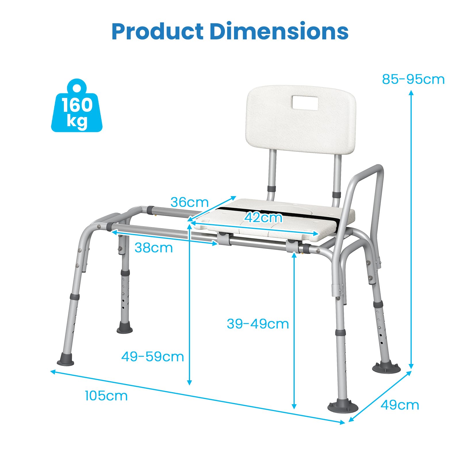 HOMASIS Silla de Ducha para Personas Mayores, Asiento baño para Adulto con Deslizante y Altura Ajustable. Cinturones de Seguridad, Almohadillas Antideslizantes, para Discapacitados, Carga 160kg