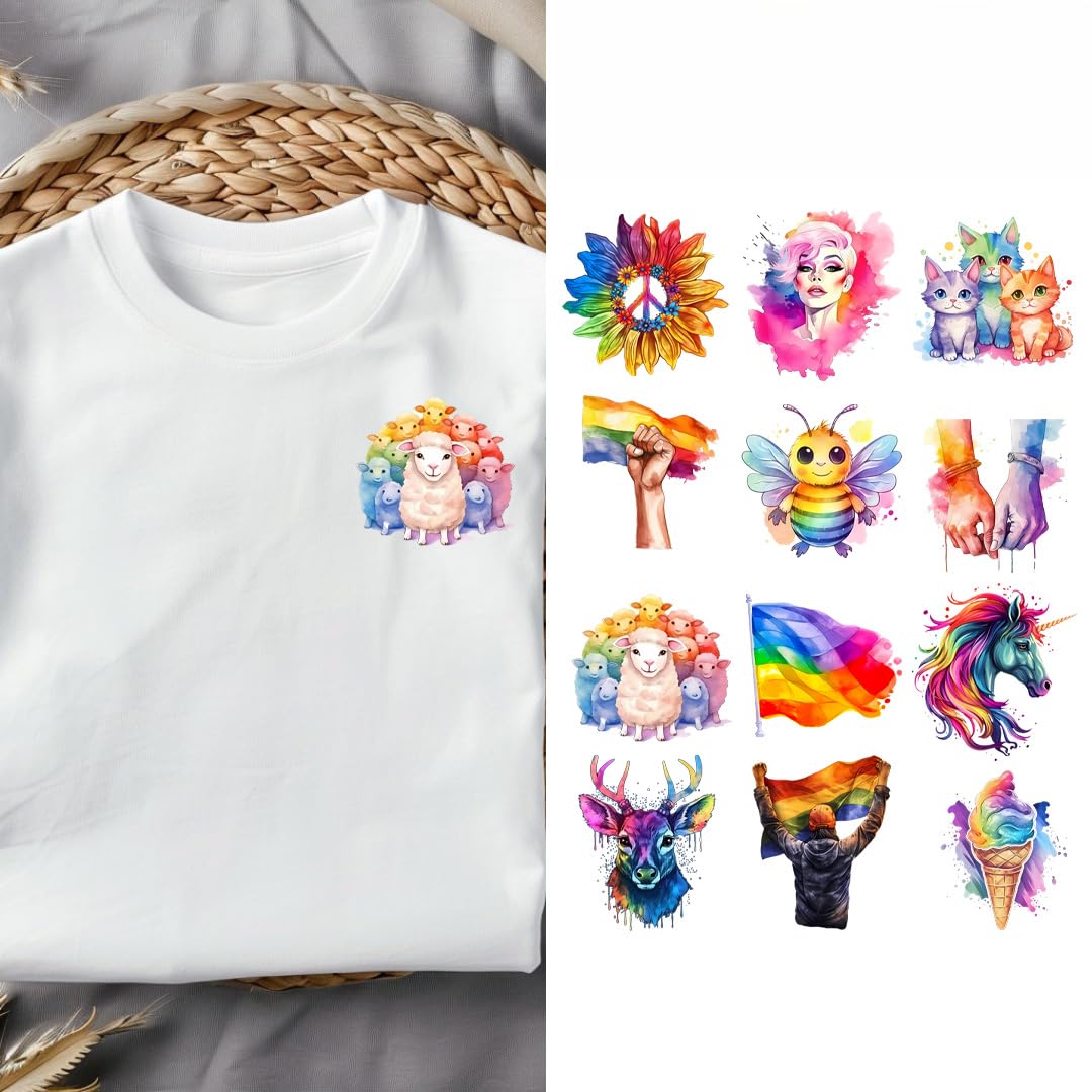 12pcs Pride Month Colorful Iron on Stickers Patches Heat Transfer Stickers Decals DIY T-Shirt Jeans Backpacks Families Clothing Hat Decoration Applique (P3)