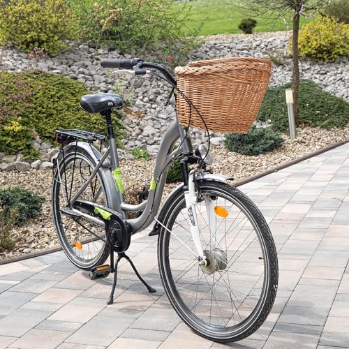 KADAX Fahrradkorb Vorne aus robuster Weide, Lenkerkorb mit Tragegriff und Stahlhaken, Klassischer Weidenkorb für Lenker, Großer Korb für Fahrrad (Braun)