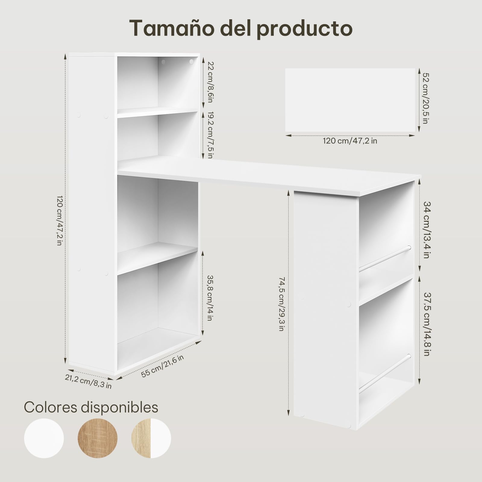 eSituro Escritorio Oficina con Estantería y Almacenamiento 120x55x120 cm, Mesa de Ordenador 3 en 1 Estable, para Dormitorio Estudio, Blanco | 3 en 1, Estable, Almacenamiento Práctico, para Dormitorio y Estudio