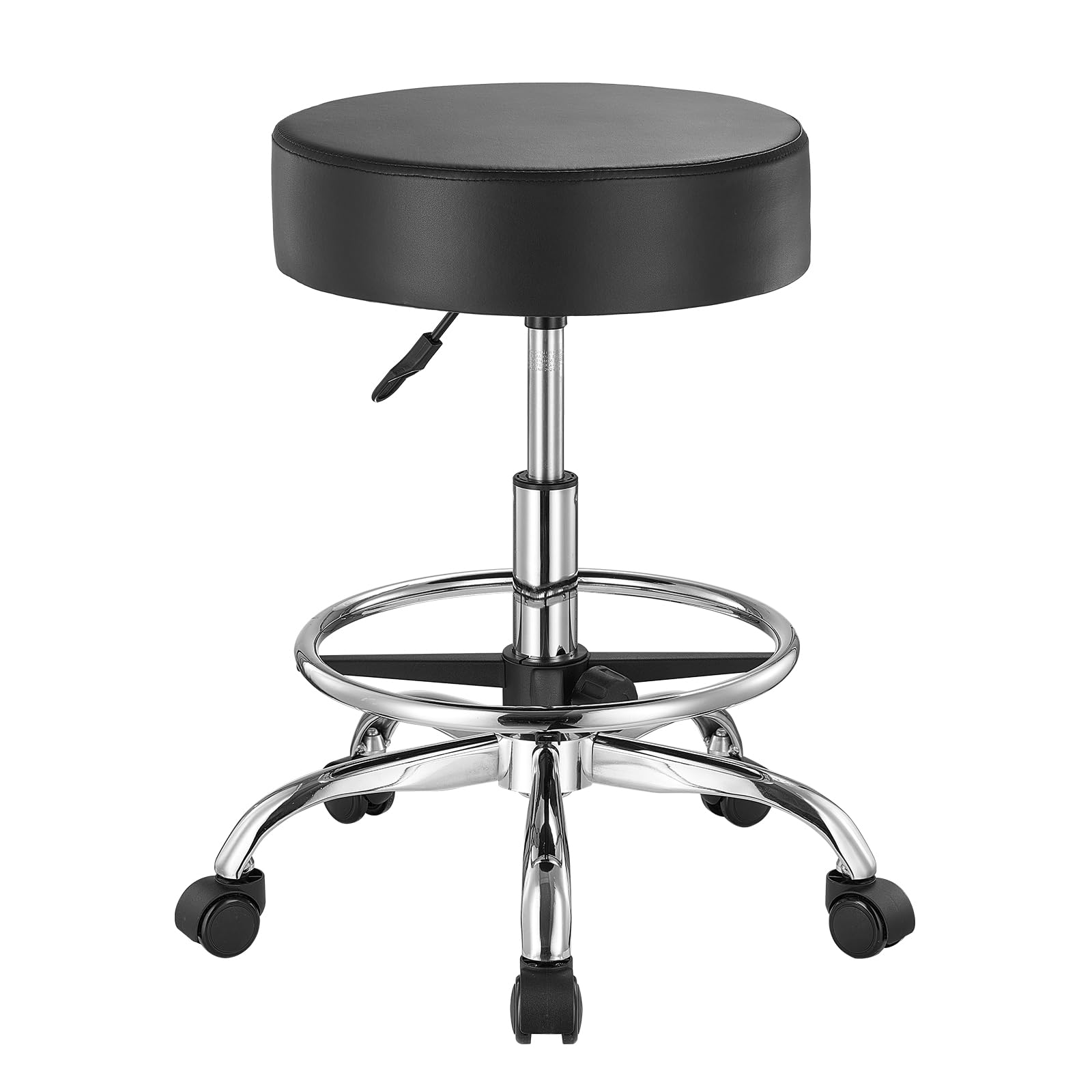 VEVOR Sattelhocker Rollhocker 204 kg belastbarer höhenverstellbarer (55-71 cm) Drehhocker Arbeitshocker mit Rückenlehne & Fußstütze, PU-Leder-Drehsattelstuhl für Salon Spa Massage Klinik Schwarz