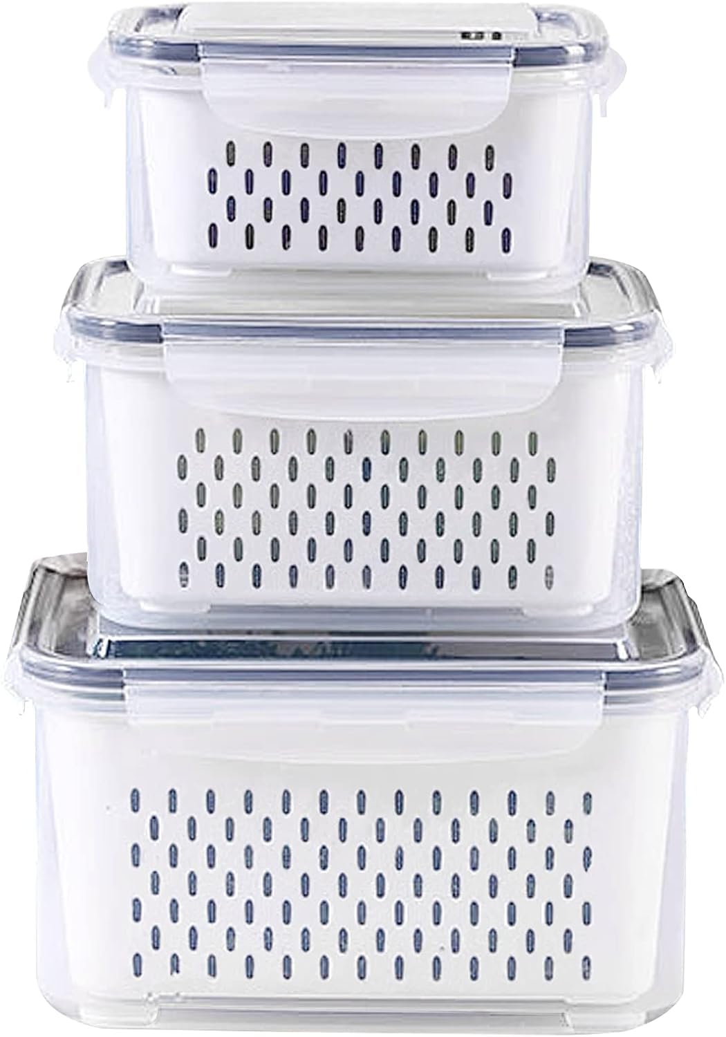 CURATED CART 3 Pack Fridge Storage Containers with Lids & Strainer, BPA-Free Airtight Produce Keepers for Vegetables, Fruits, Meat - Refrigerator & Freezer Organization (3.15L, 1.7L, 0.8L)