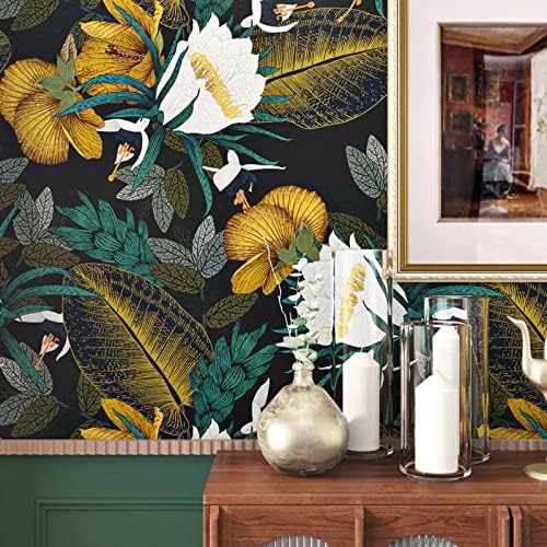 WESTICK Floral Peel and Stick Wallpaper Dark Vintage Wallpaper Black Gold Leaves Floral Contact Paper Removable Tropical Peel and Stick Floral Wall Paper for Bedroom Walls Cabinets Vinyl 17.5” x 118“