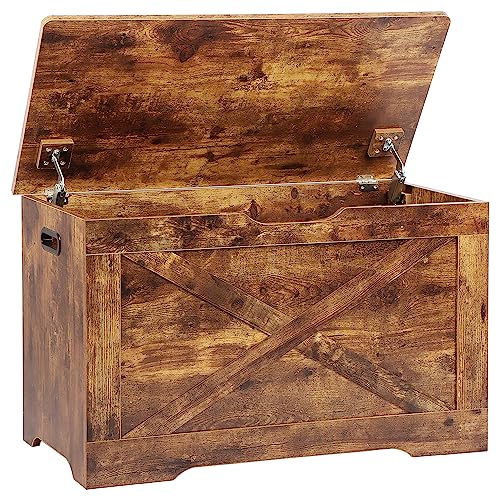 Timberer Storage Chest, Wooden Storage Bench, Entryway Shoes Bench with 2 Safety Hinges, Retro Storage Trunk for Living Room, Bedroom, 15.7 x 31.5 x 18.9 Inches, Rustic Brown
