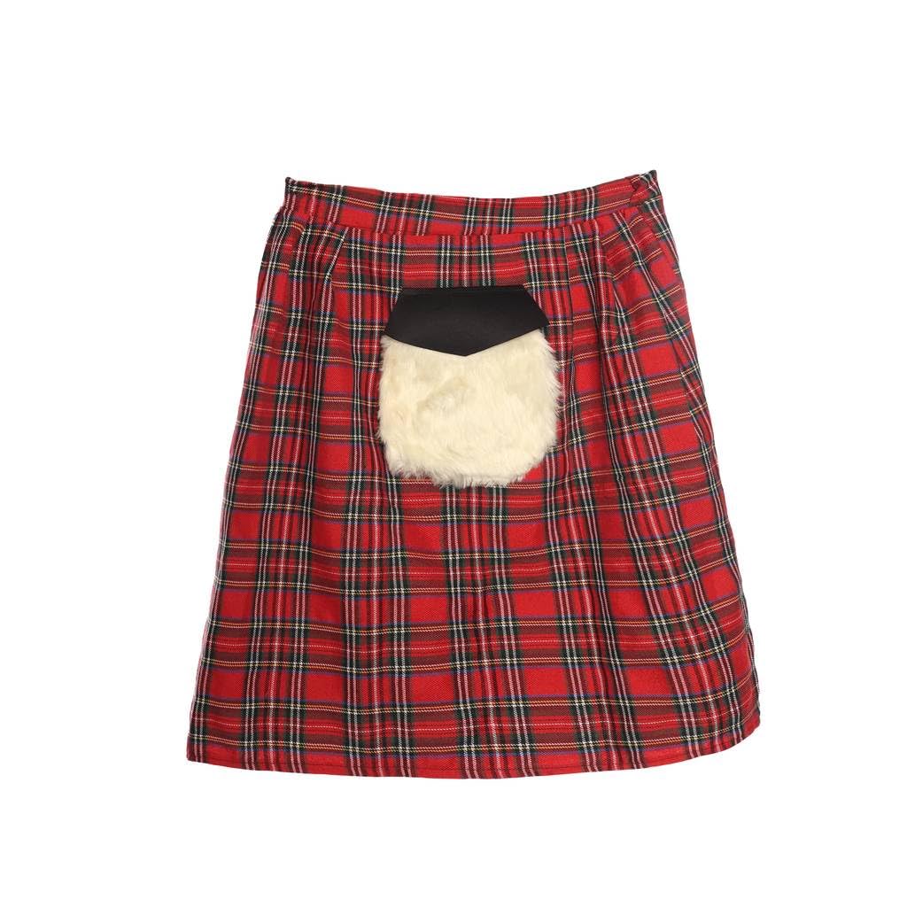 Scottish Tartan Kilt Costume Accessory - Red Tartan Kilt with Attached Zip Sporran Elasticated Waistband - Scotland Burns Night St Andrews Day Fancy Dress Costume
