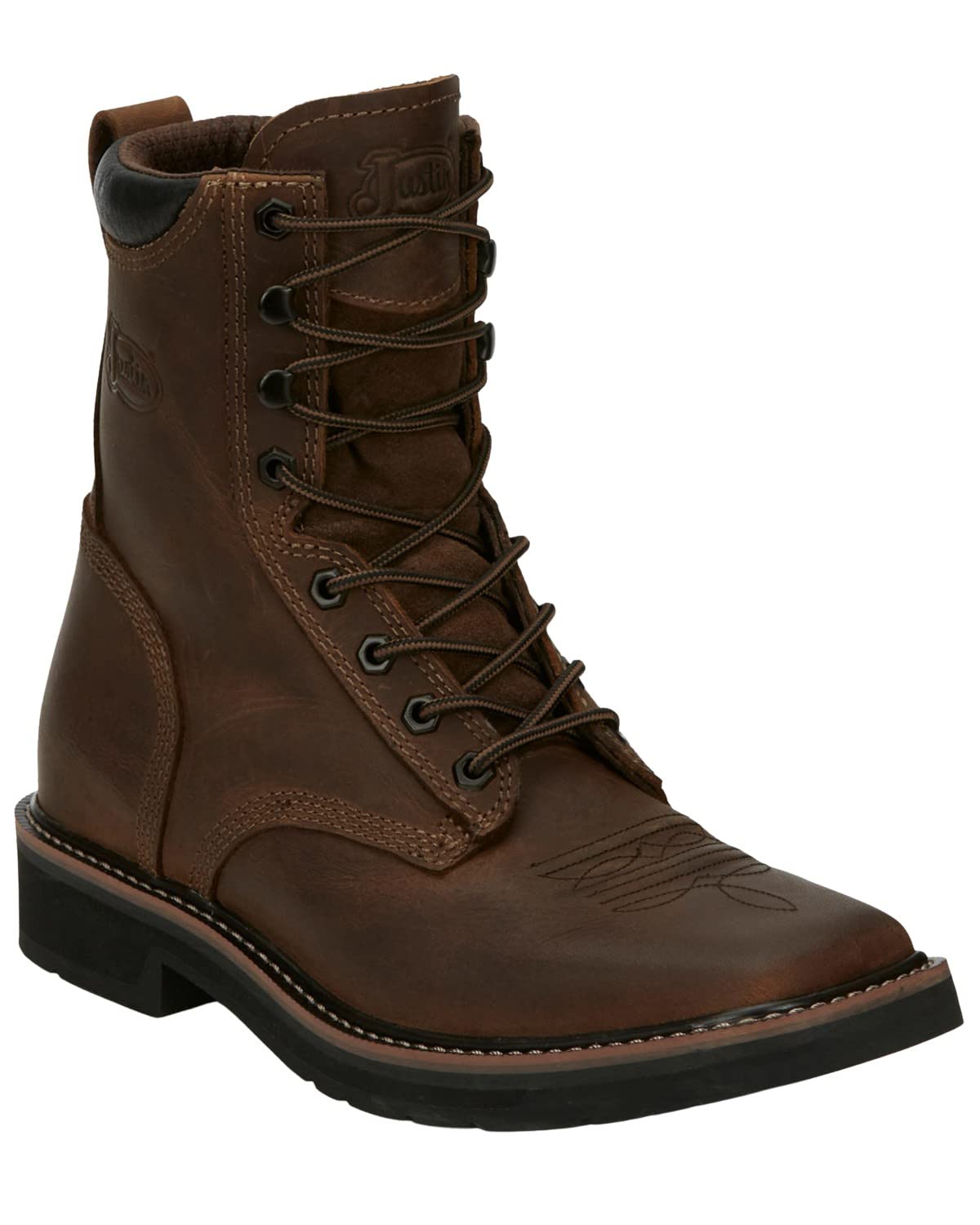 Justin Pulley 8" Work Boots for Men - Square Toe Full-Grain Leather Upper with Oil- and Slip-Resistant Rubber Outsole, EH-Rated