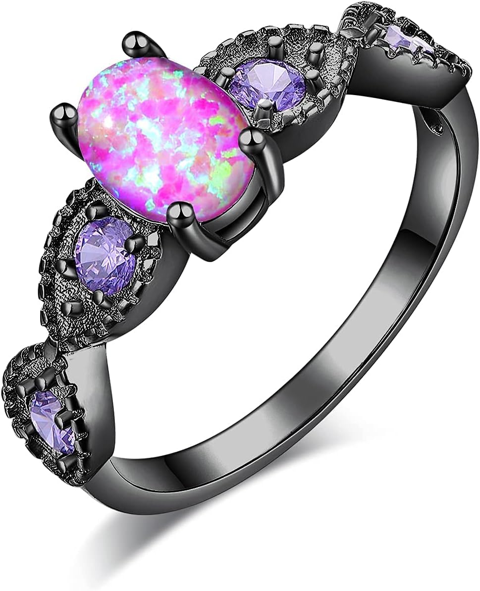 CiNily 18K Gold Plated Opal Ring-White Fire Opal & Amethyst & Cubic Zirconia Women Jewelry Gemstone Engagement Anniversary Ring Size 5-13