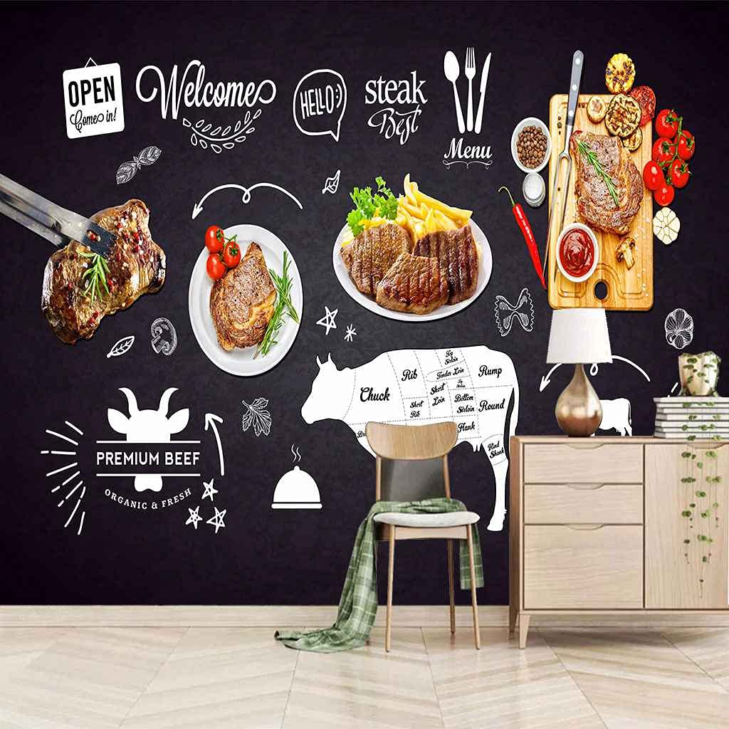 Papier peint panoramique steak pour mur de restaurant et deco canape salon