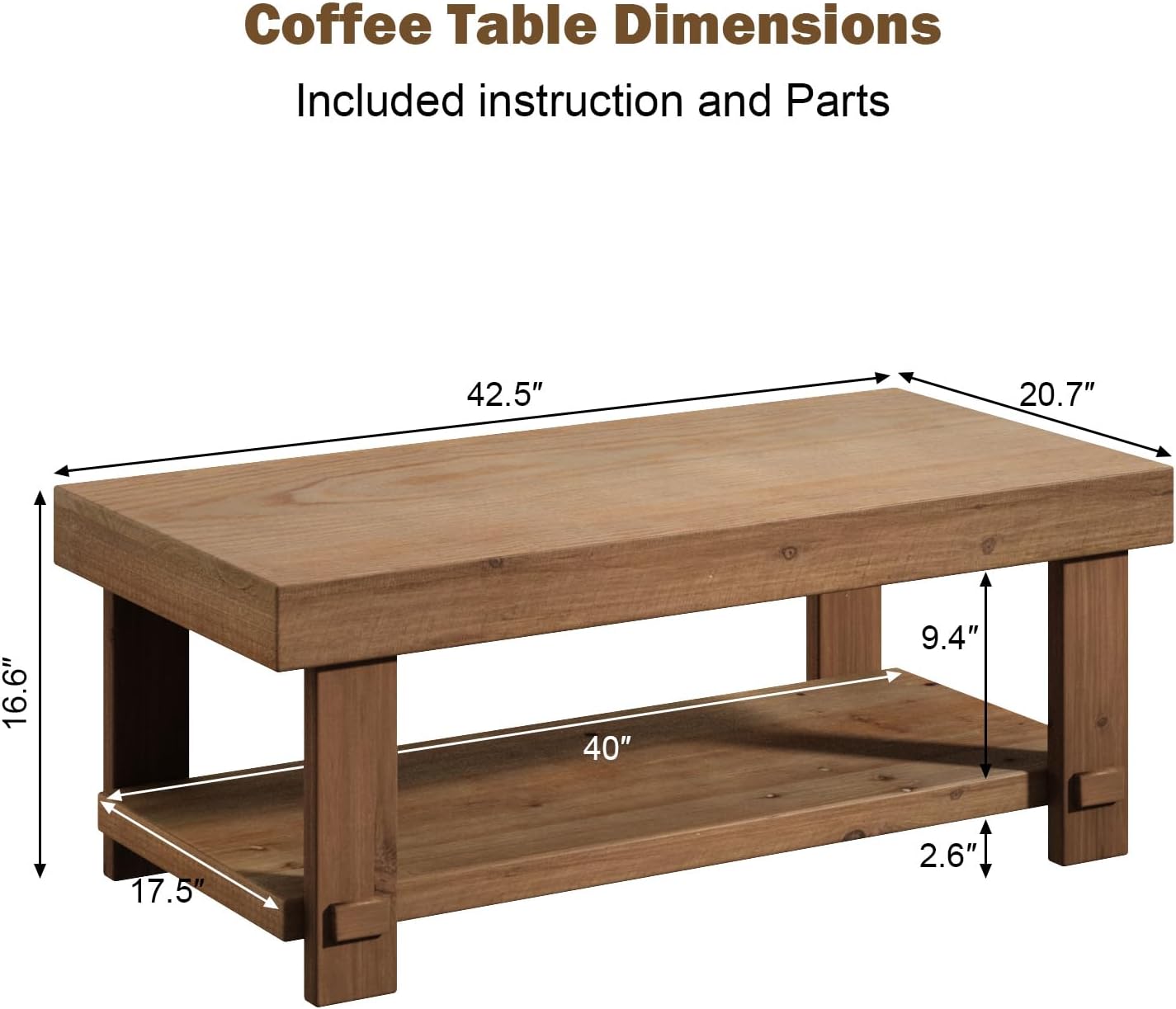 Solid Wood Coffee Table - 42.5" Farmhouse Rectangle Coffee Table Thickened Firwood Tabletop with Ash Veneer Finish, Center Tables with Storage Shelf for Living Room, Natural