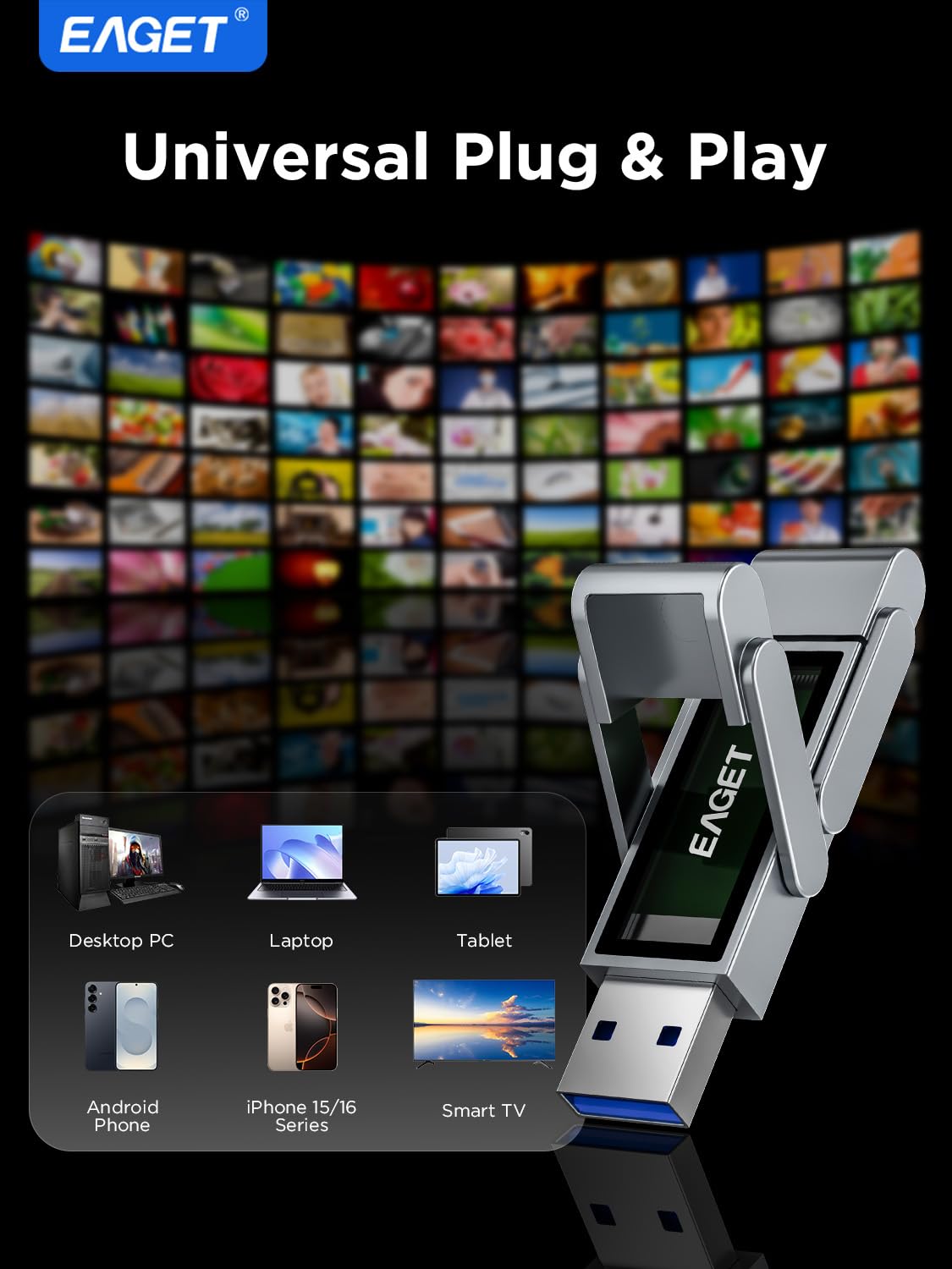 EAGET Pamięć flash USB 512 GB, dwuportowy dysk półprzewodnikowy USB-C z USB 3.2, szybki pendrive 560 MB/s do iPhone'a 15/16/17 Pro, Android, Mac, PC, PS5 – wytrzymały metalowy korpus i przenośny dysk