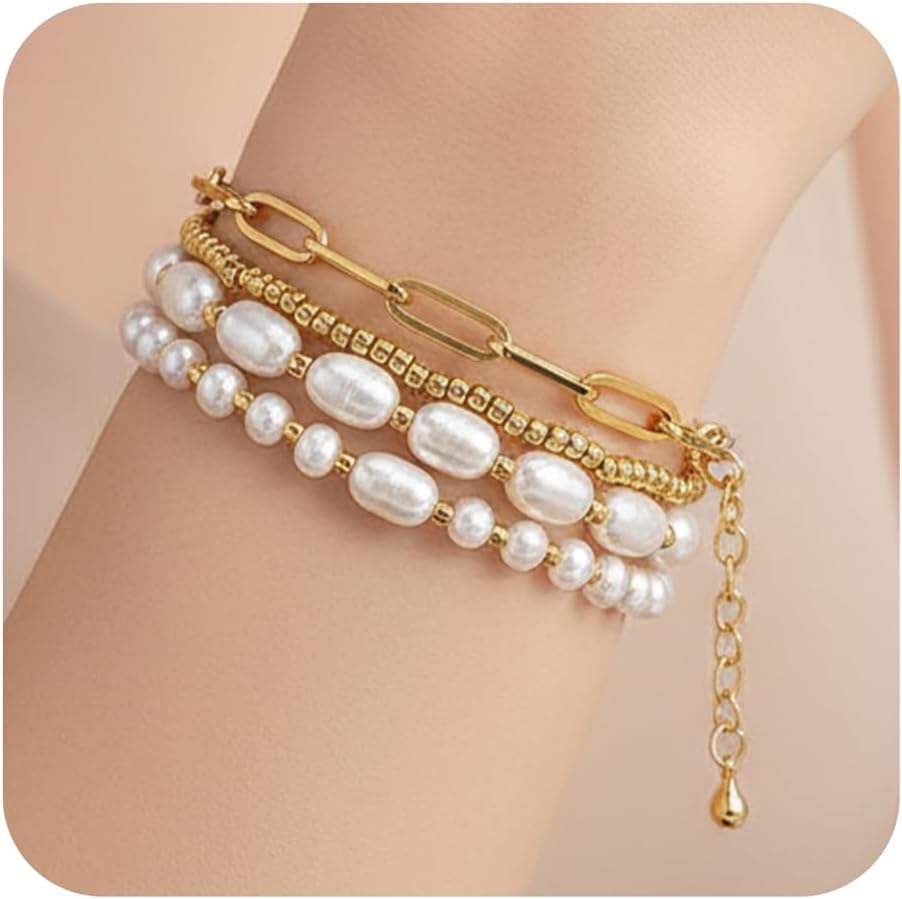 4Pcs Stack Gold Plated Seed Bead Bracelets Set for Women,Elegant Dainty Trendy Paperclip Link Chain Freshwater Pearl Stretch Accessories Ball Jewelry,Daily Friendship Gift - Image 8
