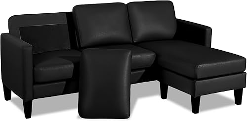 Sofá modular convertible de cuero en forma de L con diván reversible, moderno sofá modular de 3 plazas para sala de estar, espacios pequeños (negro