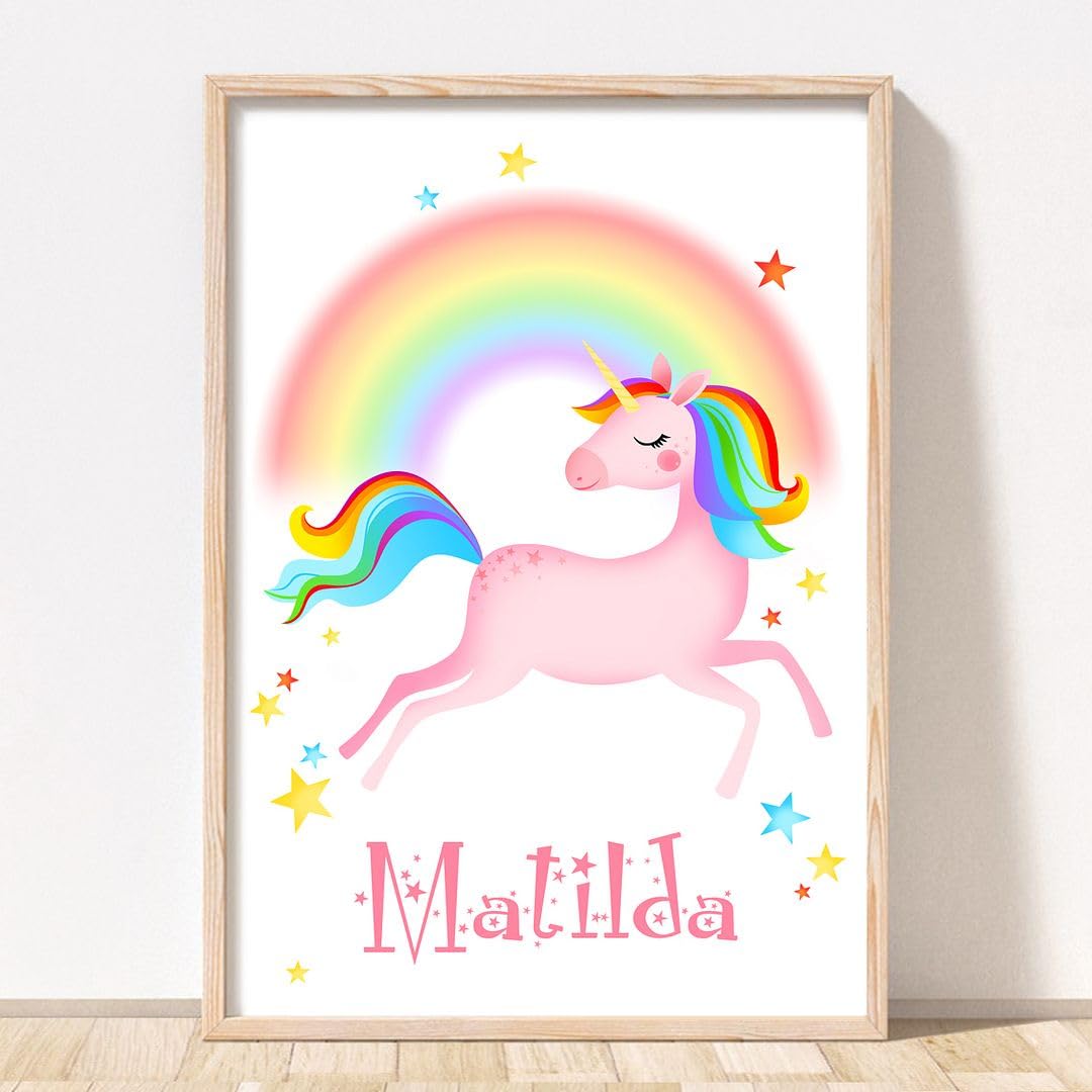 Rubybloom Designs Girls Single Print - Personalised Personalised Rainbow Star Unicorn Prints - Unframed - Name Childrens Gift Wall Art Decor Picture Present Gift