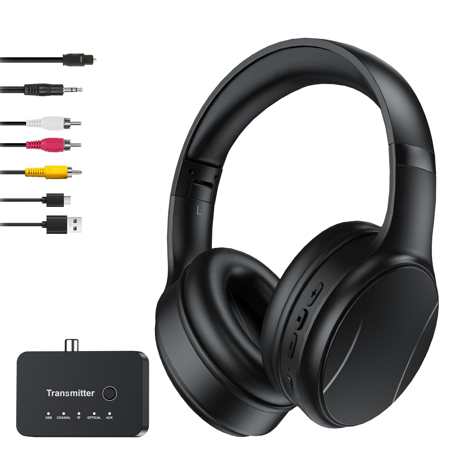 Auriculares Inalámbricos para TV para Mayores, 2.4G RF & Bluetooth 5.4 con Transmisor 5-en-1 (Salida Óptica/Coaxial/RCA/AUX/USB), 5 Modos EQ, Alcance 30m, 20H Autonomía, Over-Ear Plegables Regalo
