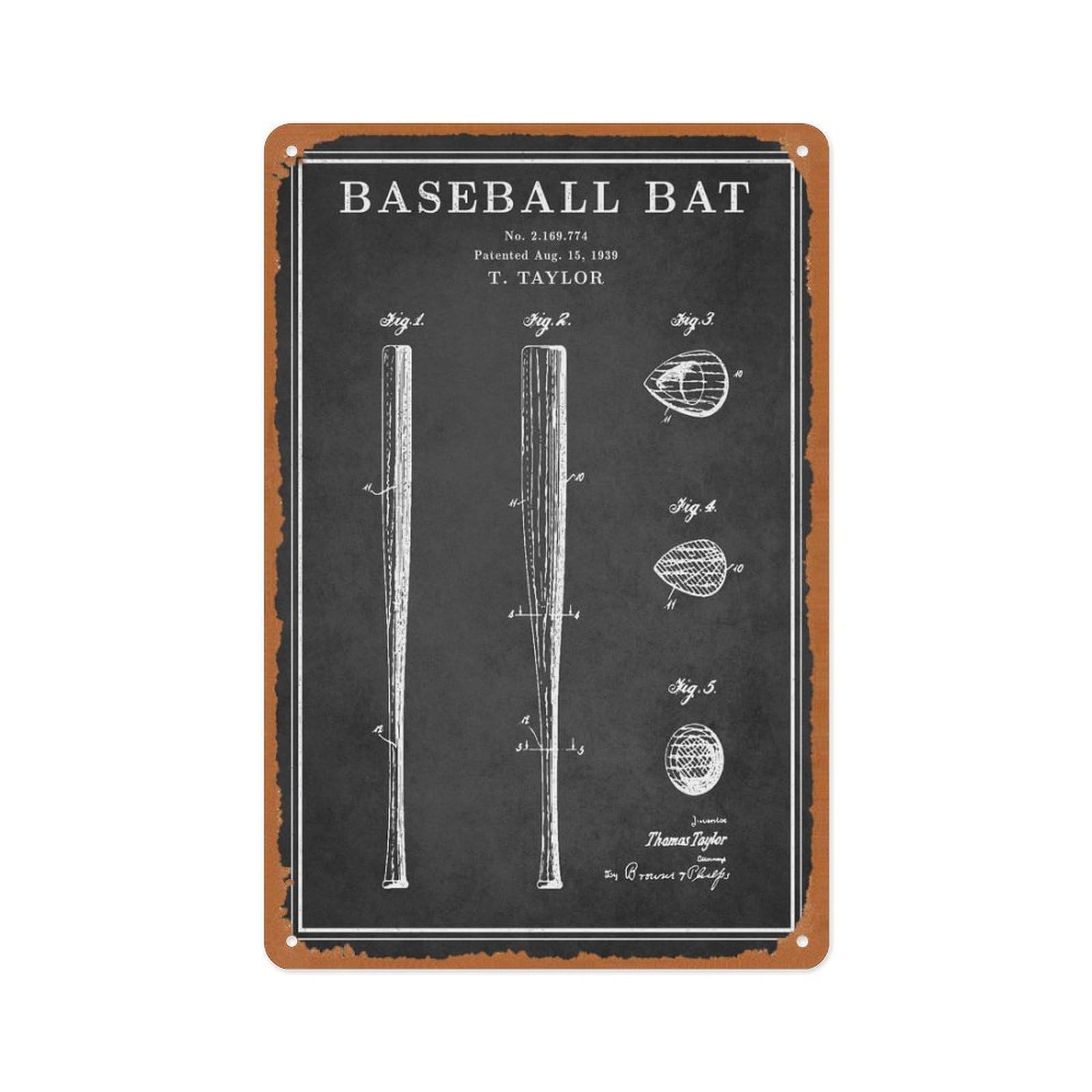 peiyeety Baseball Patents Black Baseball Bat Patent Print Poster Retro Vintage Metal Sign Home Man Cave Art Wall Decoration 8x12 Inch