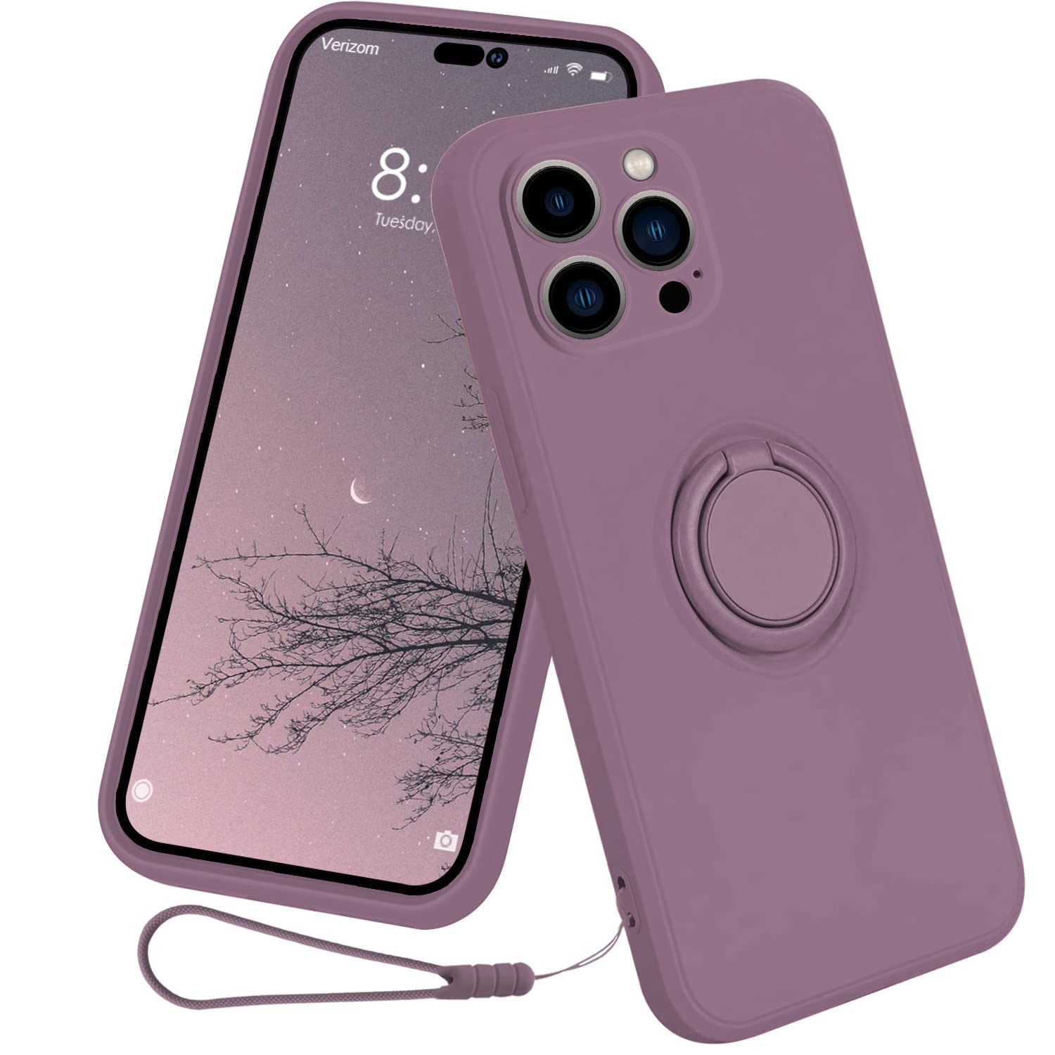 Case for iPhone 14 Pro?2022 Released?, Silicone case with Ring 360°rotatable Kickstand Cover Support Magnetic Car Mount?Protective Cover with Strap Lanyard (Purple)