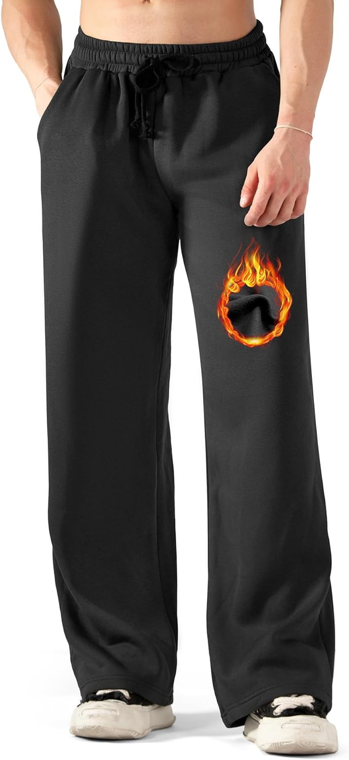 BRISIRA Mens Baggy Sweatpants (L-2XL) Fleece Lined Wide Leg Warm Sweat Pants Open Bottom with Deep Pocket & Elastic Waist