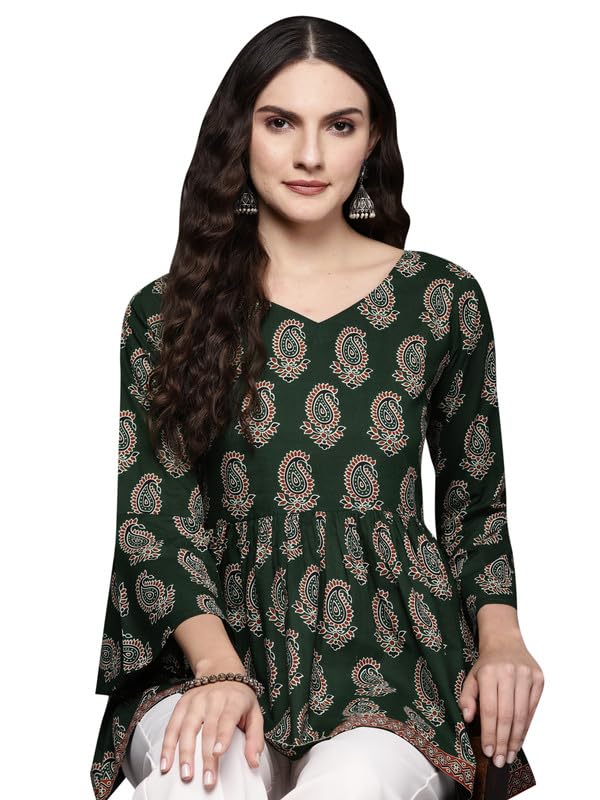 Indo Era Women's Printed Cotton Blend A-Line Regular Fit Top (TP0GN5046) in multi