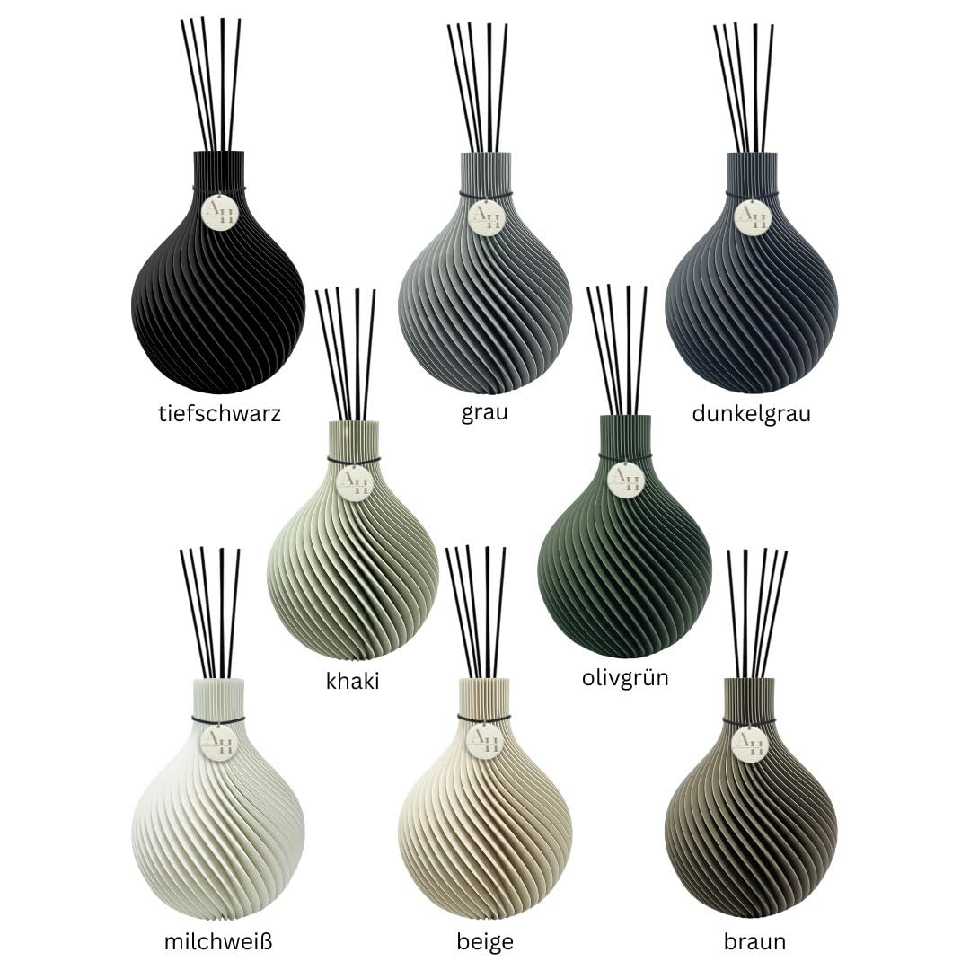 Raumduft Reed Diffuser „Vela“ – exklusiv mit Duftstäbchen & Duft, edler Duftspender & Design Duftvase, nachhaltiger 3D-Druck aus Österreich, luxuriöse Wohnzimmer & Bad Deko (olivgrün)
