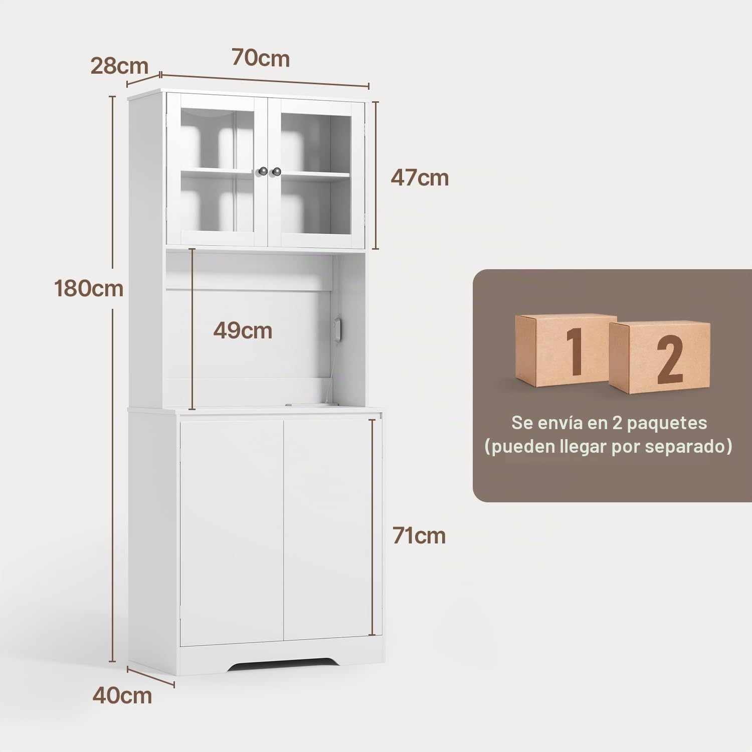 Xbro Armario de Cocina 180cm con Regleta y Tira de Luces LED y Encimera, Mueble Auxiliar de Cocina para Cocina, Comedor, Salón 73 x 40 x 180 cm, Blanco
