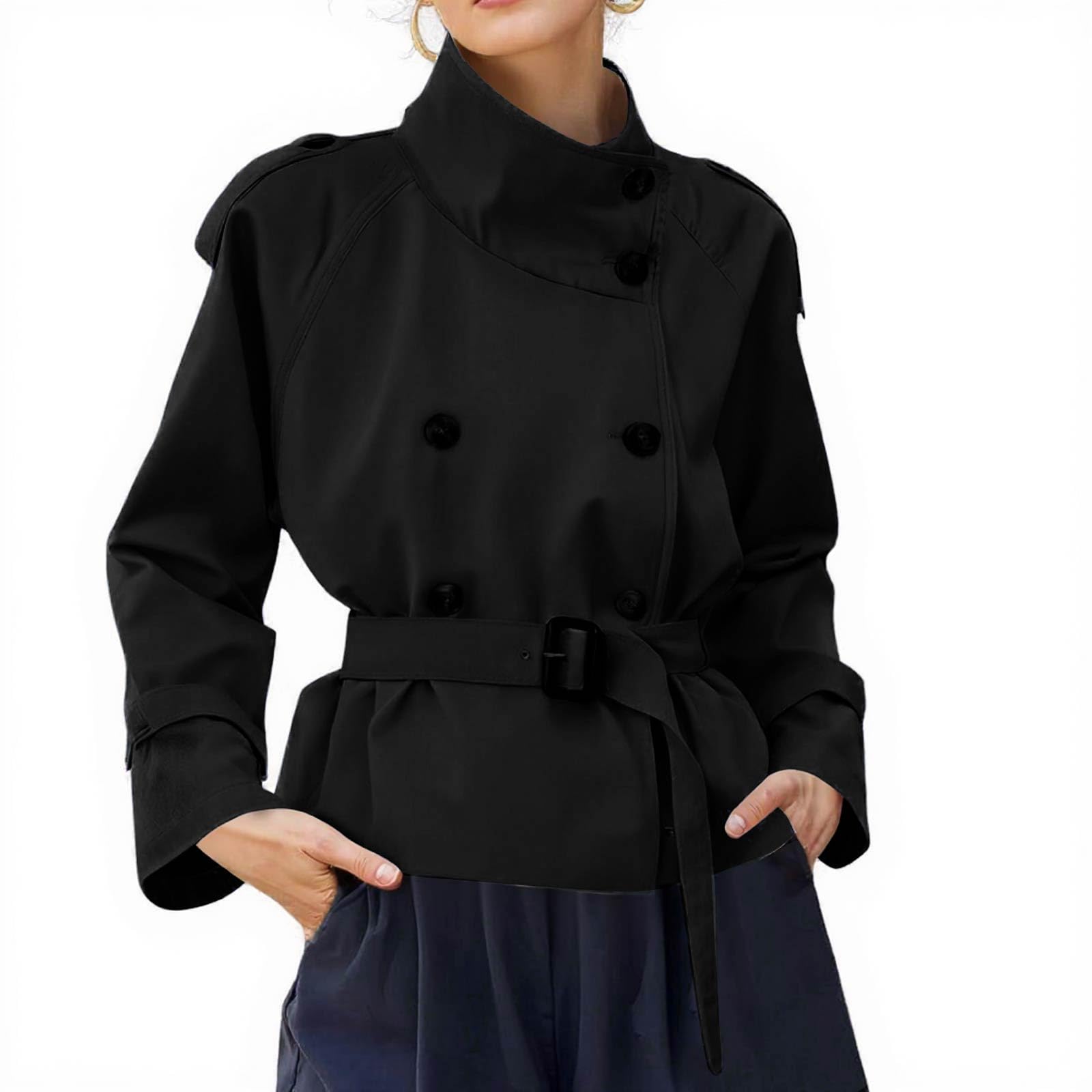 FUPODD Kurzmantel Damen Winter Leicht Trenchcoat Damen Kurz Übergang Mantel Zweireihig Mit Gürtel Trench Coat Stehkragen Windjacke Elegant Übergangsjacke Einfarbig Herbstjacke Casual Jacke Knöpfen