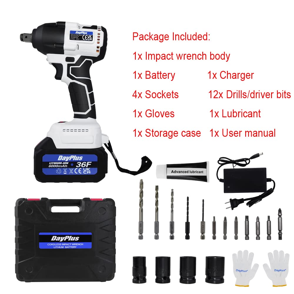 AUTOFU Clé à Choc Sur Batterie 21V Brushless Cle a Choc Electrique, 420N.m Boulonneuse a Choc, Visseuse à Choc Clef 3200RPM, 4 Douilles à Chocs, 12pcs Accessoires, Une Batteries et Chargeur