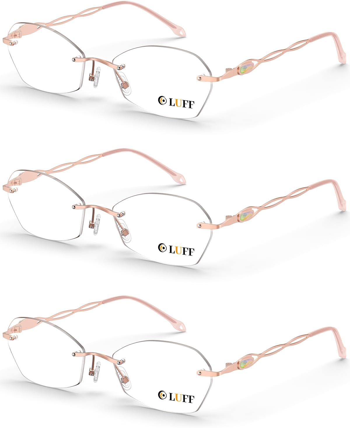 LUFF Rimless Reading Glasses for Women | Blue Light Computer Readers | Lightweight 16g Metal Frame | Eye Strain Relief