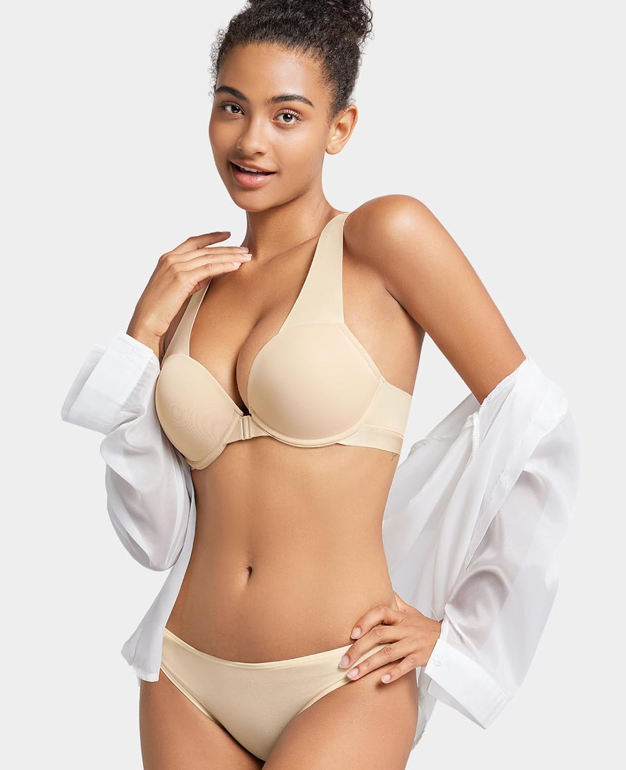 Padded Push Up Bras for Women Racerback Front Closure Plunge Bra Underwire Support Add 2 Cup Nude 40A - Image 5