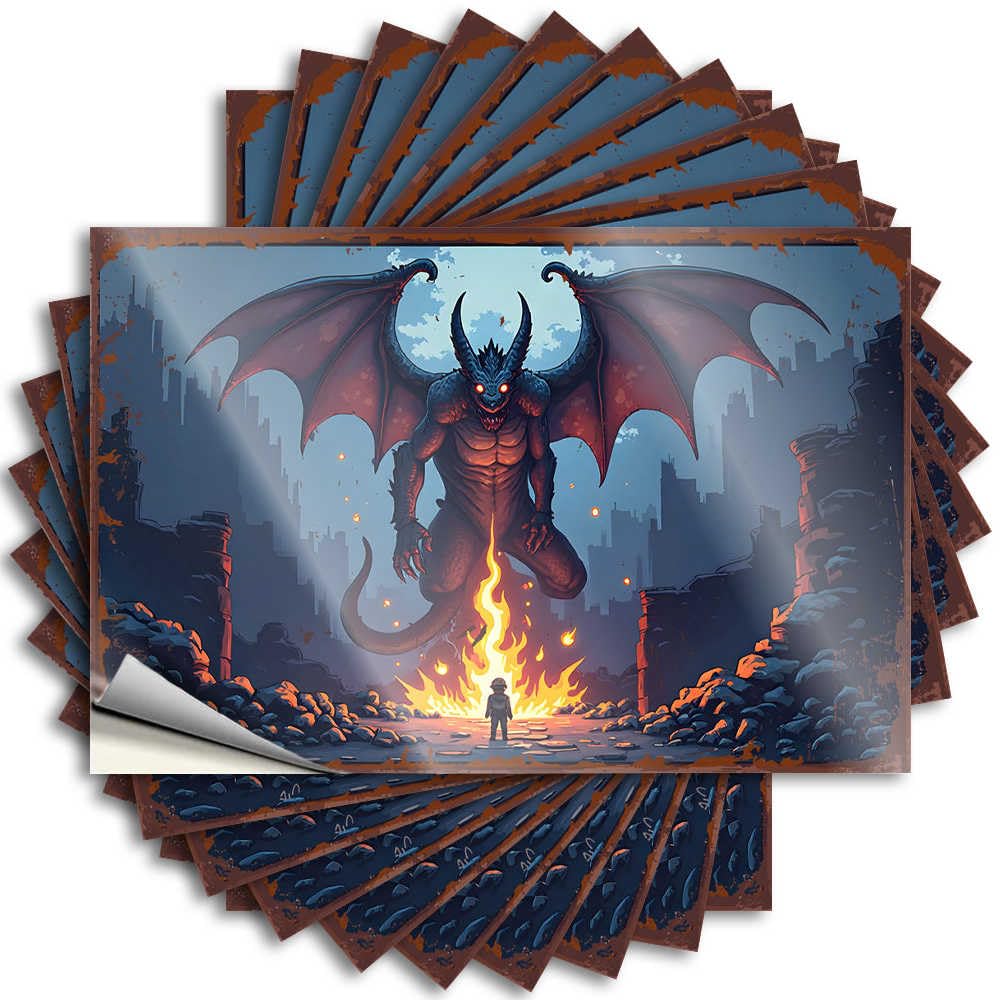 Christmas Sticker Durable Door | Monstrous Beast Emerging from Fiery Abyss in Urban Ruins Fluffy Self Adhesive Sticker for Girls DIY(6X9CM)