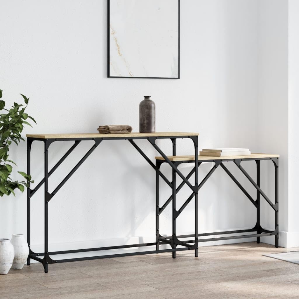 SXZenSpace Nesting Console Tables Set 2 pcs Sonoma Oak Engineered Wood & Metal Frame 100x28x75 cm 80x22x60 Sturdy Sofa Side Table for Living Room Hallway Bedroom