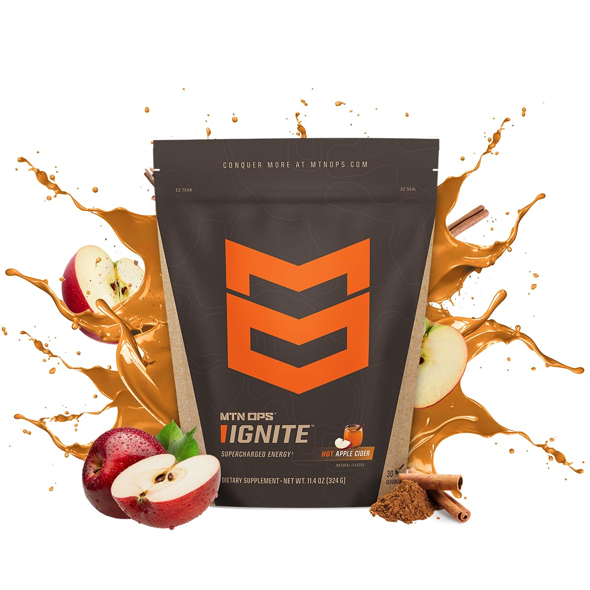 MTN OPS Hot Ignite Supercharged Energy Drink Mix Coffee Alternative, 30-Serving Bag, Apple Cider Flavor