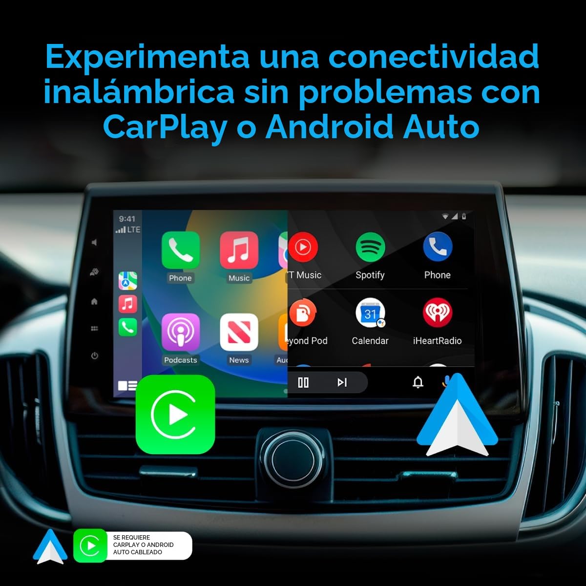AutoSky Adaptador inalámbrico Carplay y Android Auto - Transforma a Carplay inalámbrico o Android Auto - Plug & Play - Coches Desde 2016 - Diseño Compacto Acabado de Piano