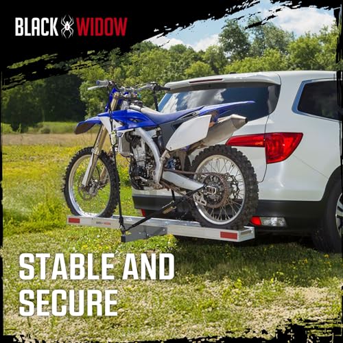 Black Widow Motorcycle Hitch Carrier with Loading Ramp Lightweight Aluminum 400 lb. Capacity Anti-Rattle Included Fits 2" Receiver