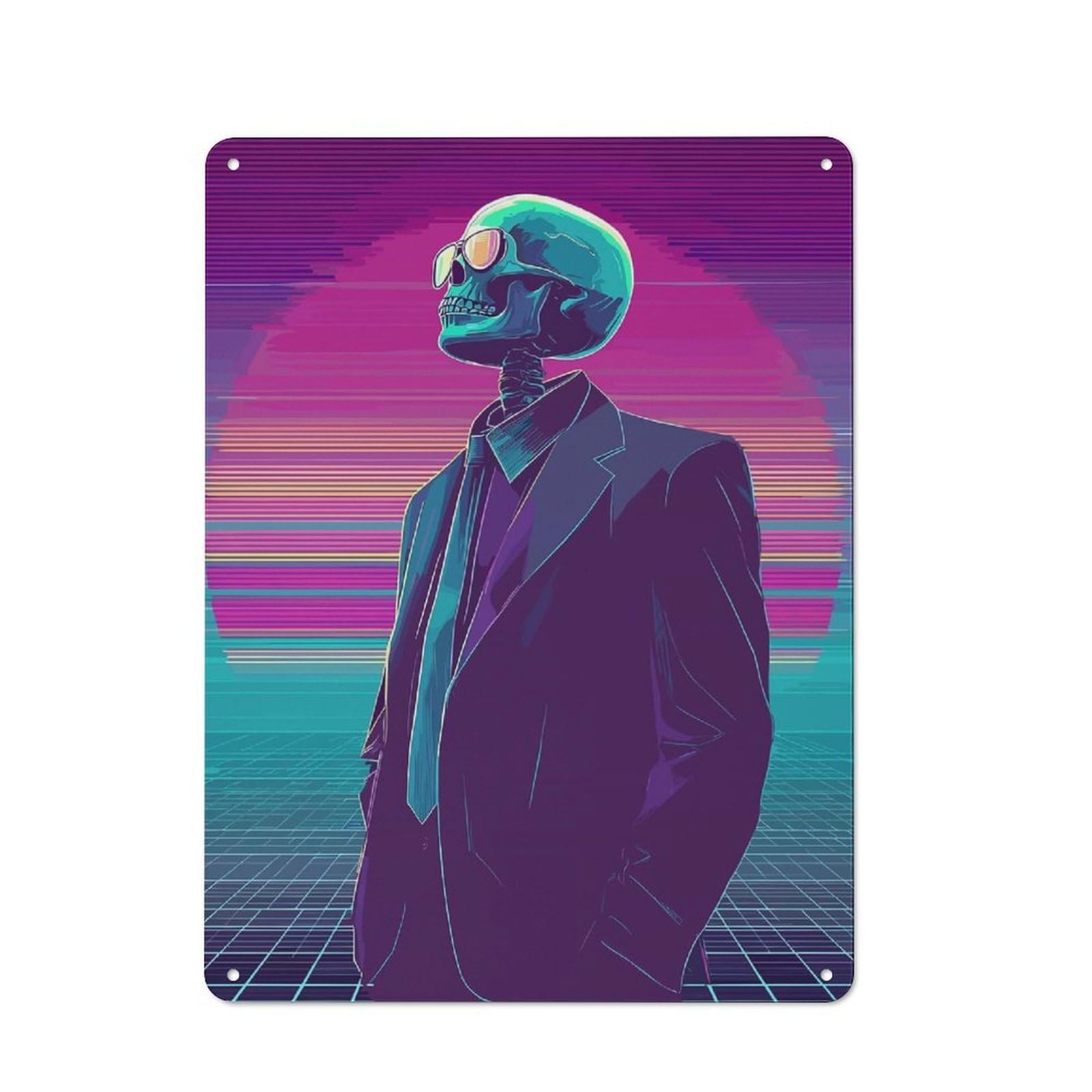 Junmoney Skeleton In Suit - Synthwave Style Distressed Look Decorative Tin Sign 40X30cm, Vintage Wall Decor For Lounge, Study, Pub Or Wall Gallery