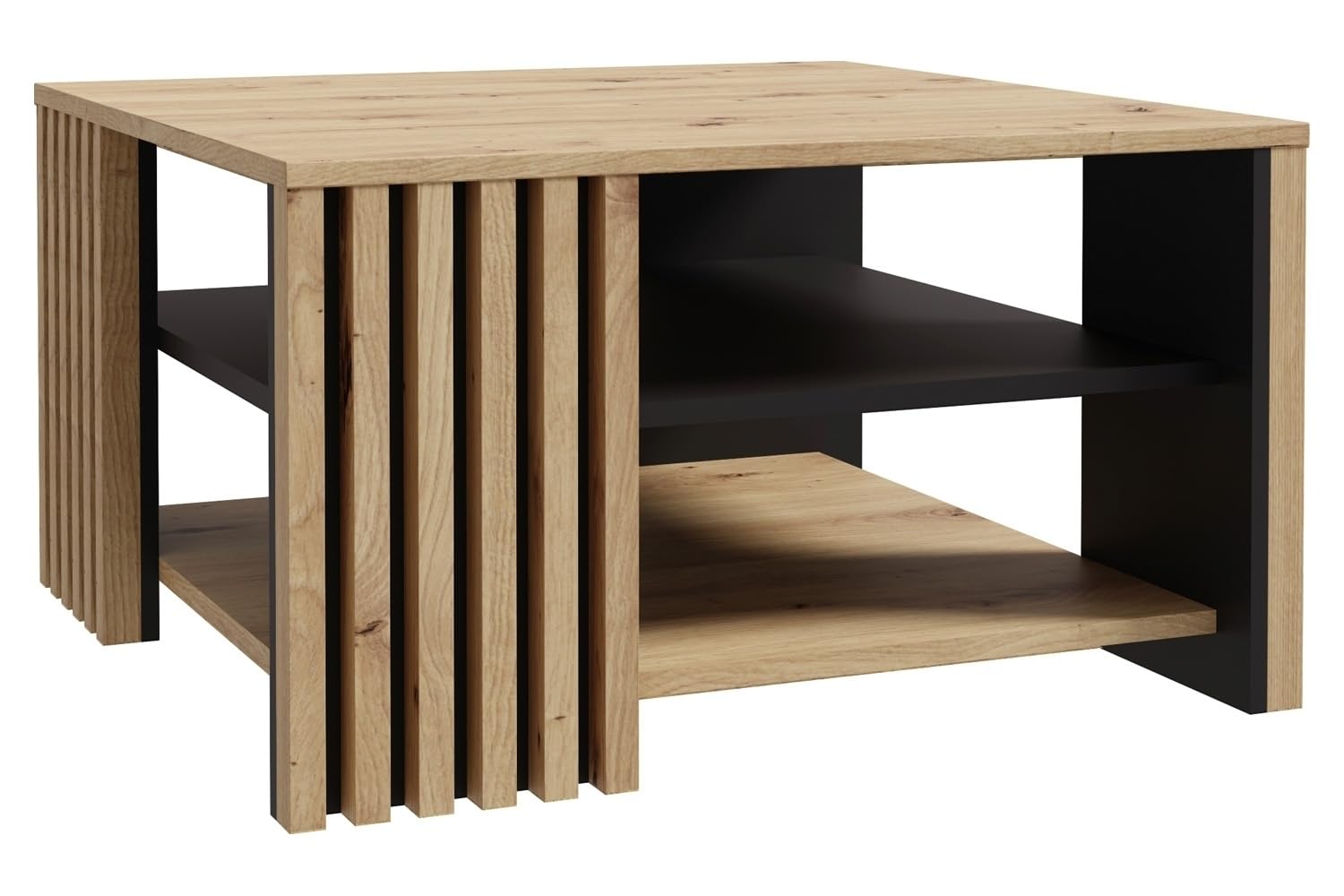 Forte Cardigan Couchtisch 80, moderner Sofatisch mit Ablage und Lamellendesign, Wohnzimmer, Holzwerkstoff, Artisan Eiche Holzdekor, Schwarz, 80 cm breit x 45 cm hoch x 80 cm tief