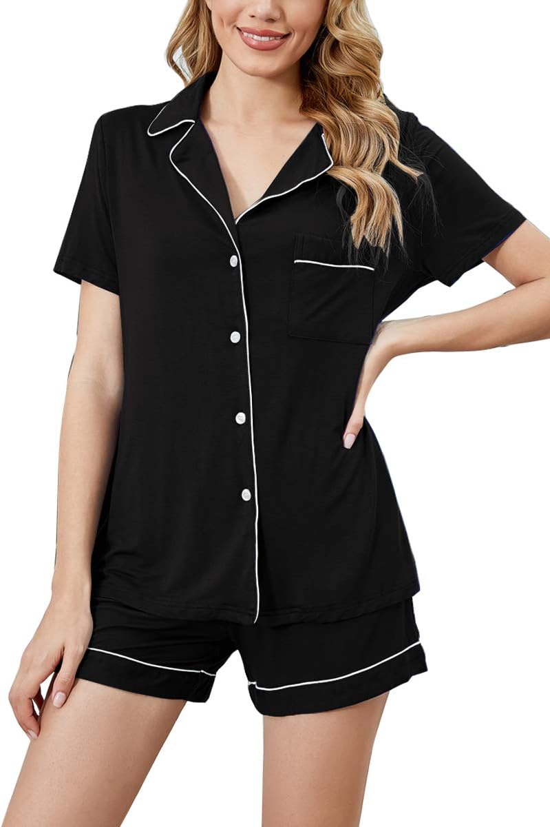 Button Up Pajama Set for Women Shorts Short Sleeve Knit Sleepwear 2 Pice Pjs Sets