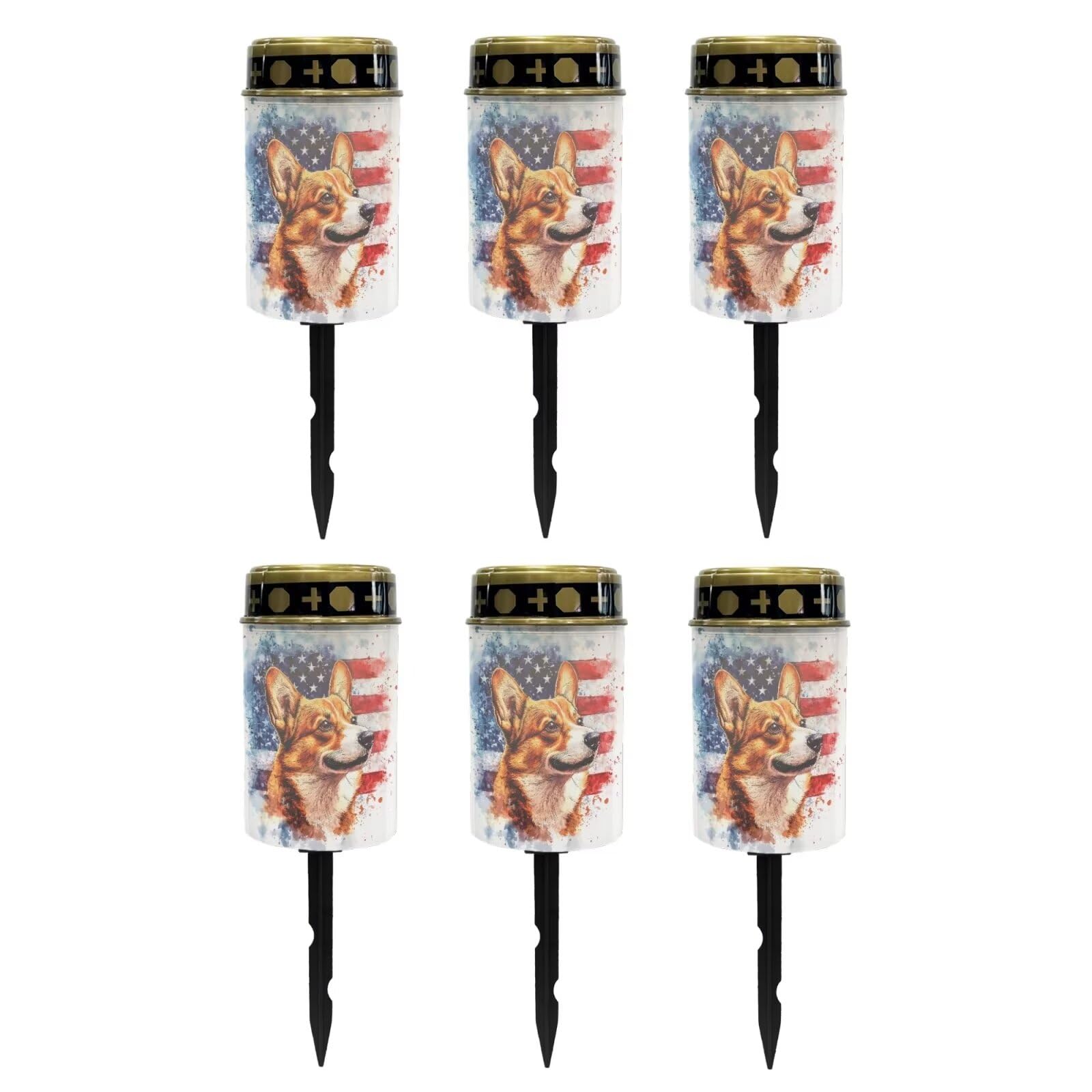 Poceacles Flameless Candle Set of 6 Solar Powered Grave Outdoor Solar Lights Cemetery Candle Lights Fake LED Pillar Candles Outdoor Waterproof Decorative Outdoor Garden Decor, Corgi American Flag