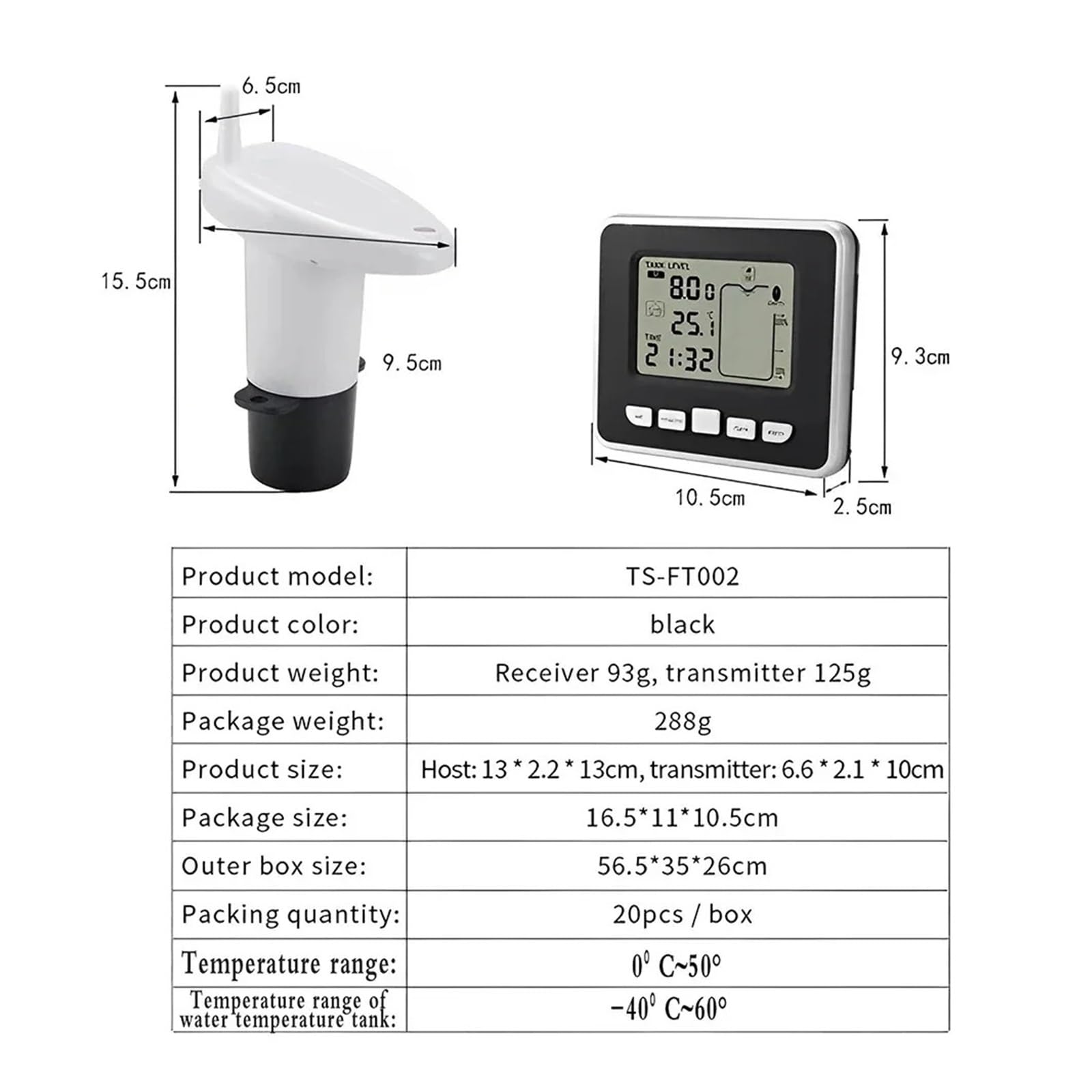 Wasserstandsanzeiger mit Temperatursensor, Wasserstandsanzeige und Zeitanzeige, Batteriestandsanzeige FT002(1Pcs)