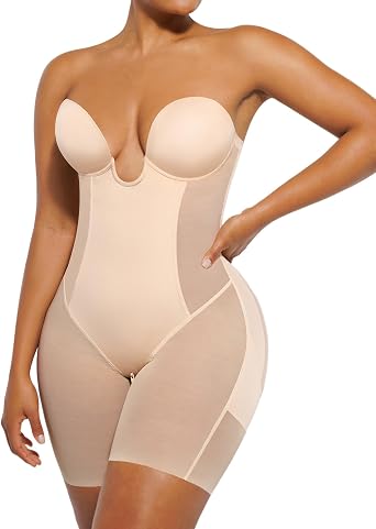 SHAPELLX Strapless Shapewear for Women Deep Plunge Corset Tummy Control Backless Bodysuit Mid Thigh Full Body Shaper