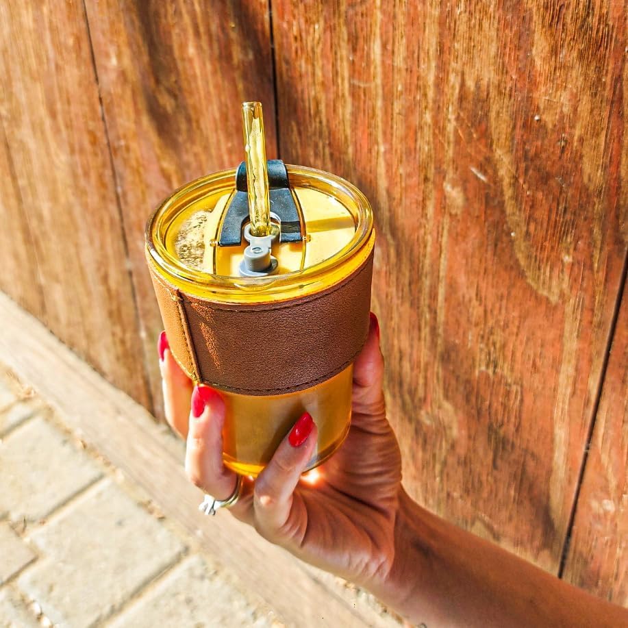 Image of KHOLAD Glass Tumbler with Anti-Slip Leather Sleeve Pack of 1, 400ml Drining Coffee Sipper with Lid and Glass Straw for Iced Tea,Smoothie, Cocktail Indoor & Outdoor Cup (Amber)