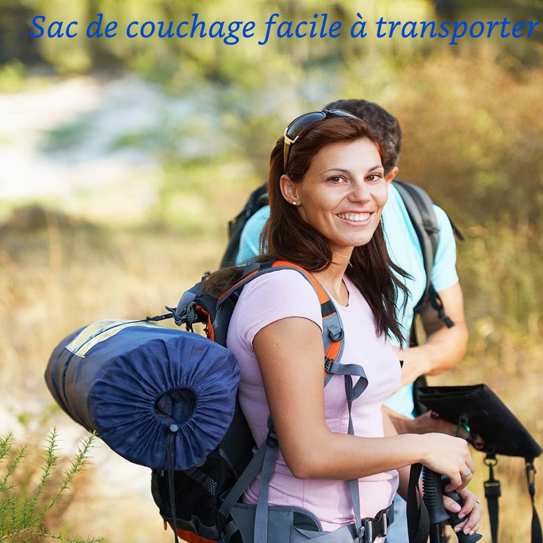 Sac de Couchage – Sac de Couchage 3 à 4 Saisons pour Adultes, Enfants, Filles, garçons, pour randonnée, Temps Froid et Chaud, léger (Bleu Gris, Double 220 x 150 cm)
