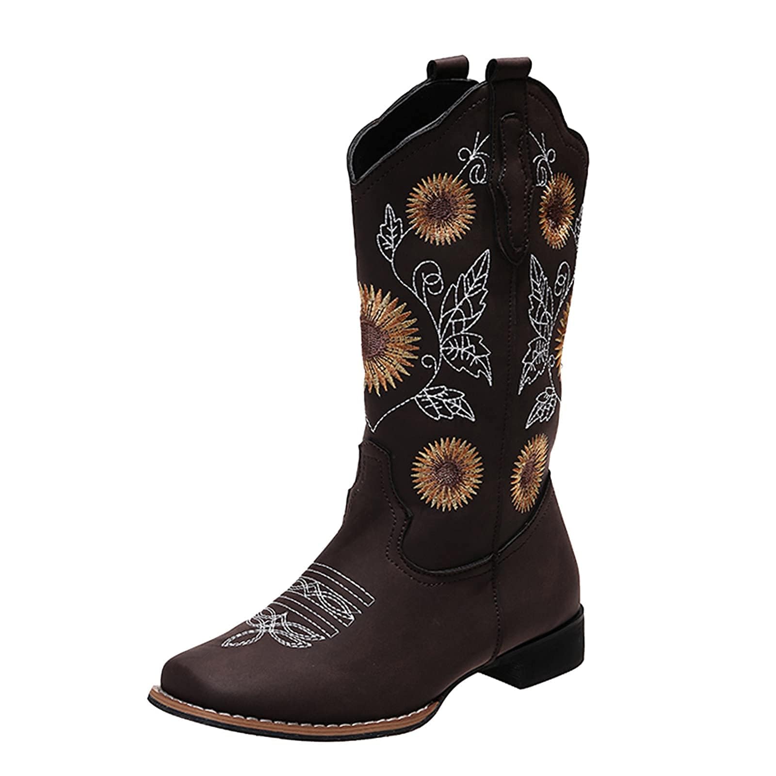 HINDOLA Cowboy Boots for Women Mid Calf Cowgirl Western Boots Sunflower Embroidery Stitched Square Toe Low Heel Wedding Boots