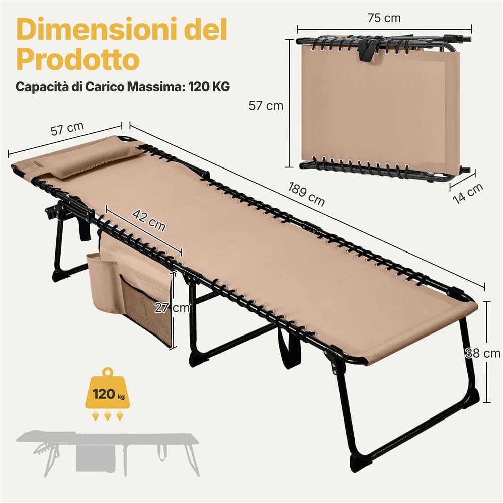 Yaheetech Lettino Sdraio Pieghevole Regolabile in 5 Posizioni per Esterno Giardino Spiaggia Campeggio con Poggiatesta e Tasca, 189 x 57 x 34 cm, Colore Beige