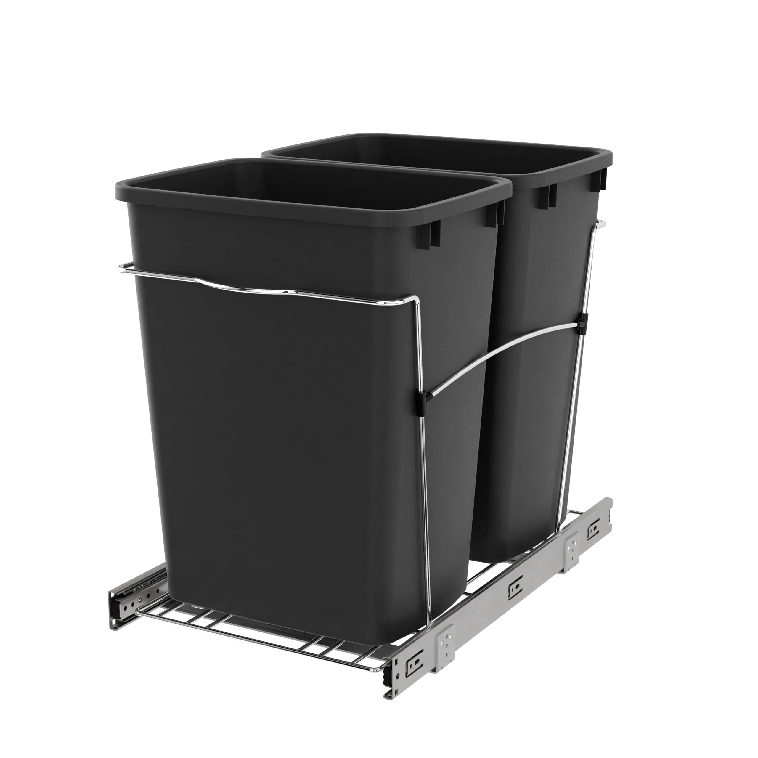 Rev-A-Shelf RV-18KD-18C S Double Pullout Trash Can for Kitchen Cabinets 35 Qt Garbage Recycling Bin on Full Extension Slides, Black