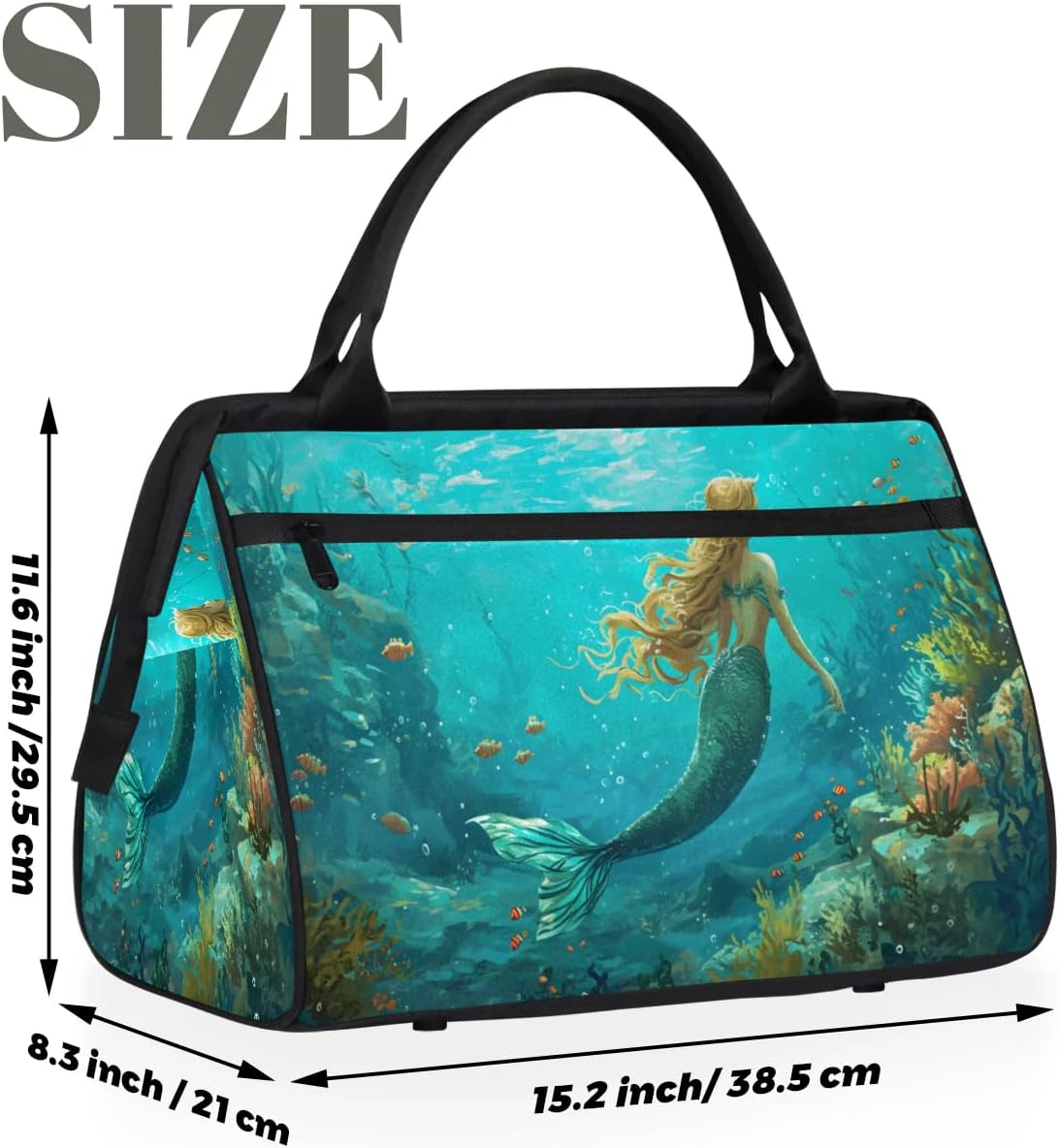 Cartoon Mermaid Underwater Fishes Travel Duffle Bag, Waterproof Duffel Bag Weekender Overnight Carry On Bag Lightweight Sport Gym Bag for Men Women