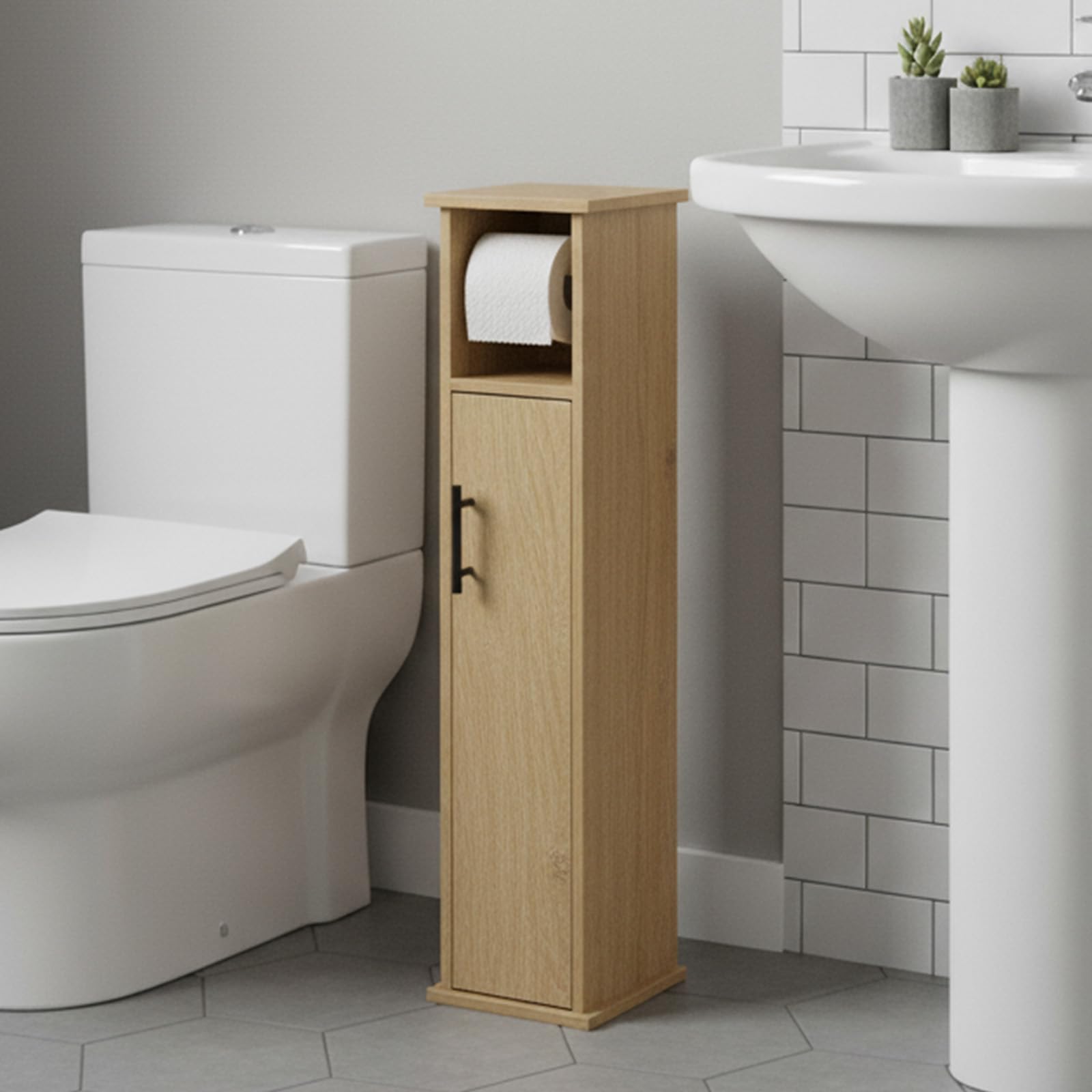 XZ-23014 Armario de Baño Alto y Estrecho con Compartimentos – Mueble Organizador para Papel Higiénico – Columna de Almacenaje 76,5 cm – Puerta con Manija Metálica – Color Roble