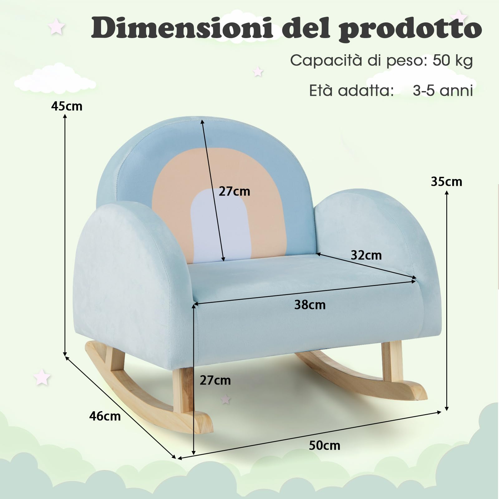 COSTWAY Sedia a Dondolo per Bambini in Legno, Poltrona Imbottita per Bambini con Rivestimento in Velluto Morbido, Design Antiribaltamento, per Camera da Letto, Soggiorno