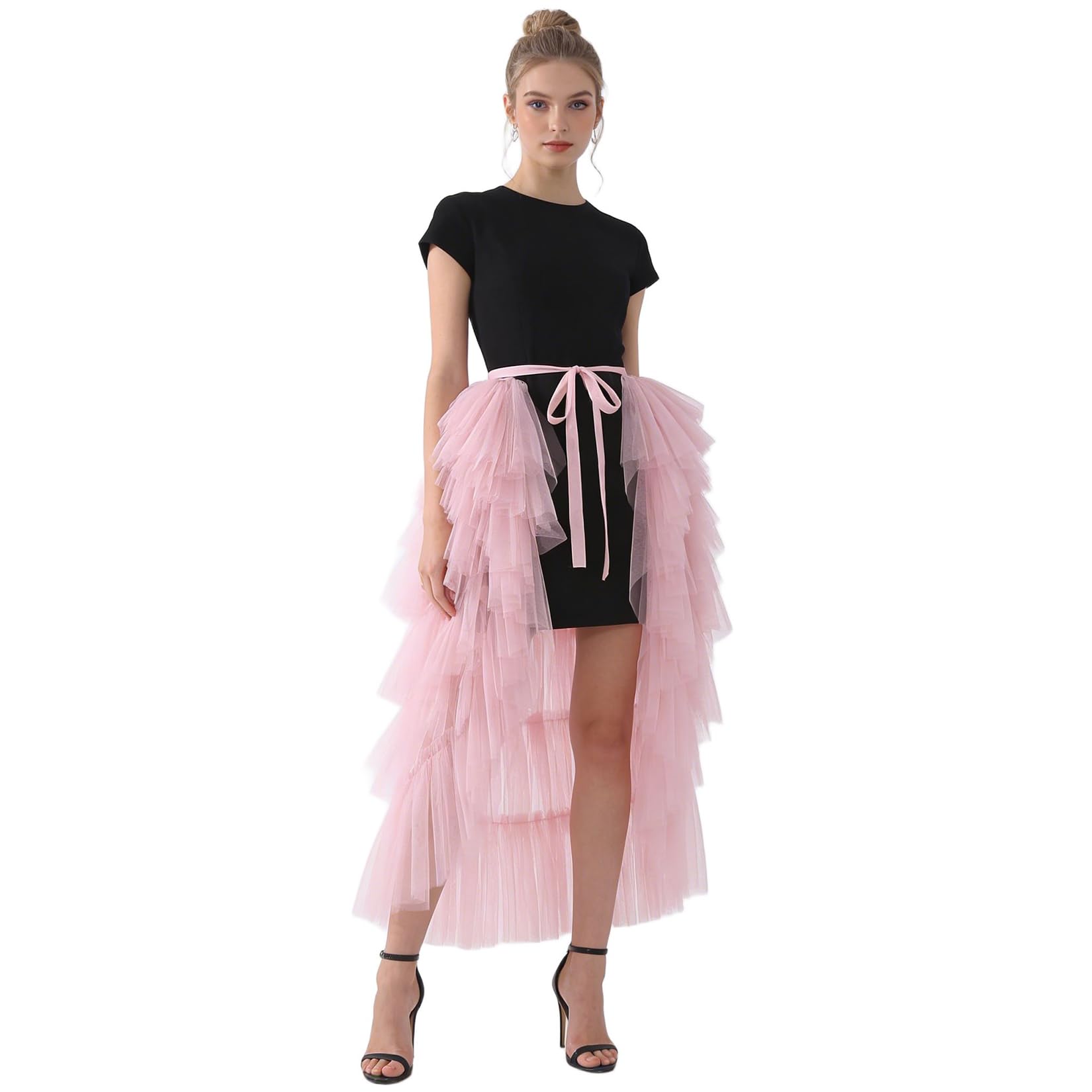 Women Back Tulle Tutu Overskirt Ruffles Mesh Layered High Waist Tie-on Belt Bustle Skirt for Wedding Party Cocktail