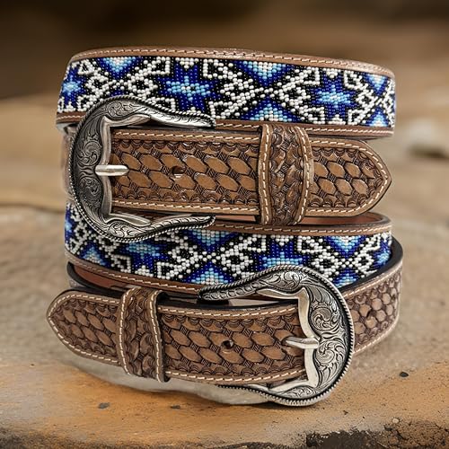 Beaded Western Belt for Men Full Grain One Piece Leather Belt Tooled Handmade with Buckle Engraved 1.5” Wide3